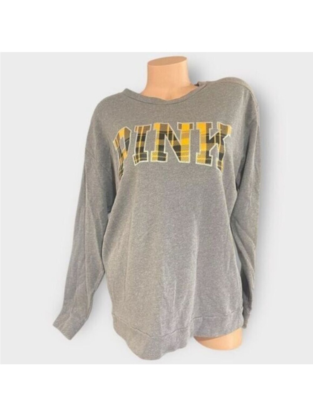 Victoria’s Secret PINK Lg Varsity Crew Long Sleeve Pullover Sweater Plaid